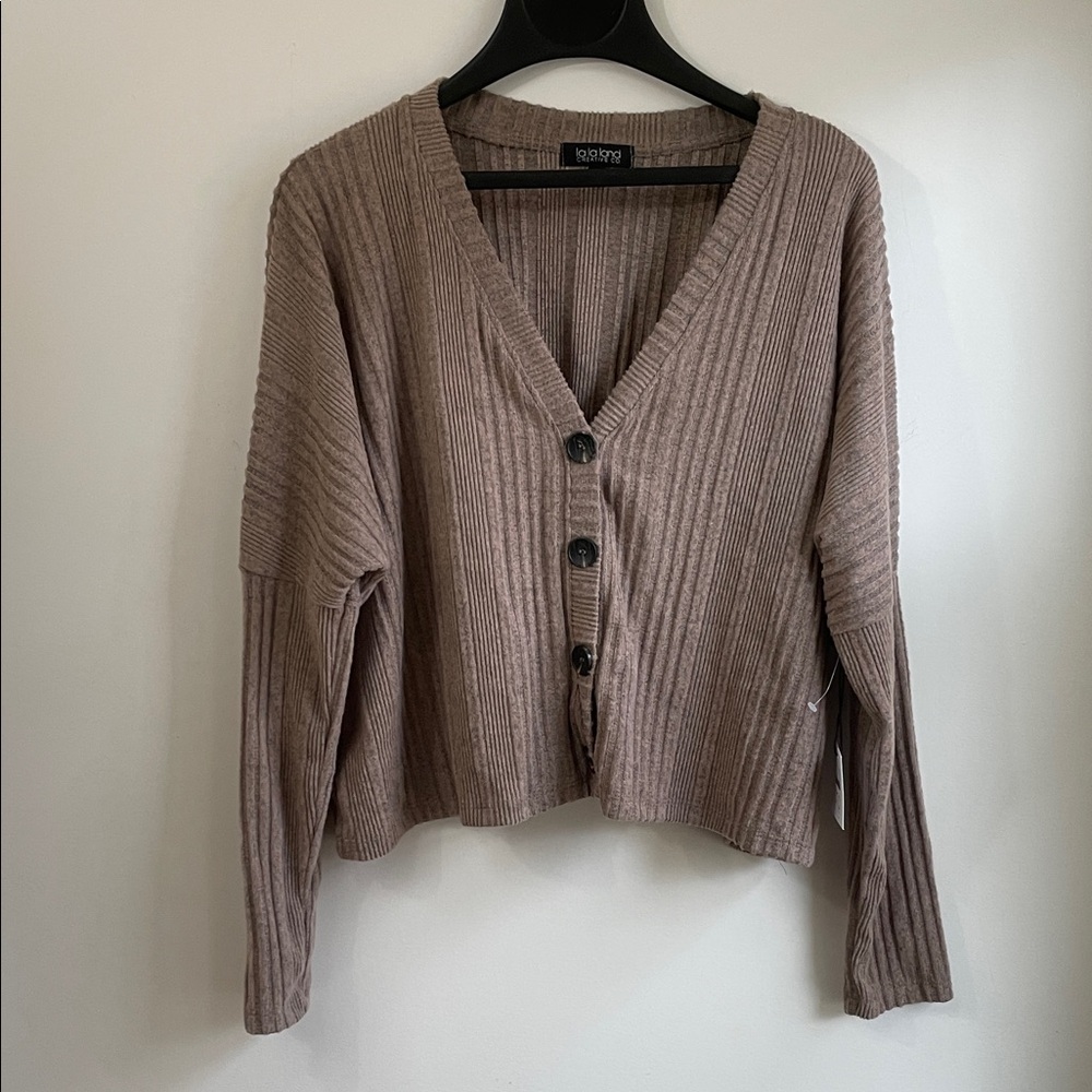 NWT la la land Ribbed Lightweight Button Up V-Neck Brown Cardigan Sweater L